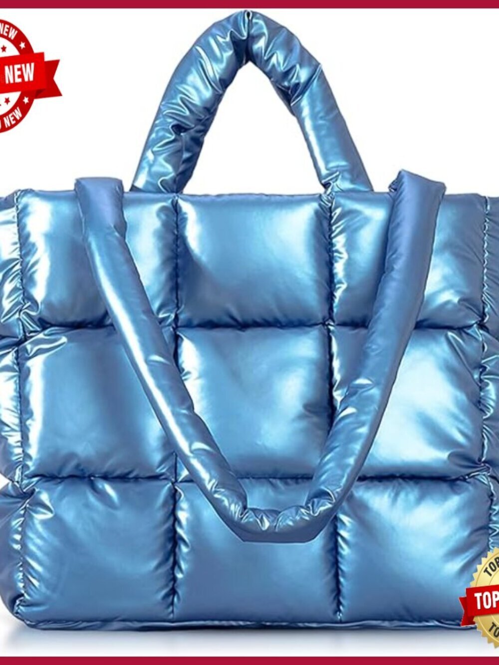 Large Quilted Puffer Tote Bag with Adjustable Strap, Lightweight Nylon
